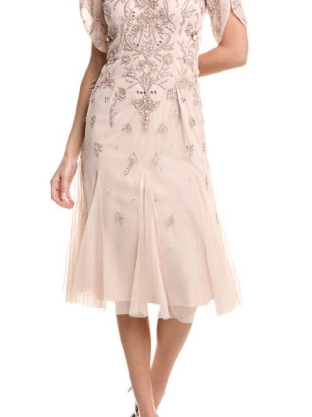 NWT Adrianna Papell Bead Mesh Midi Godet Dress Blush Pink butterfly sleeves SZ 8